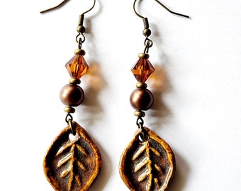 Ceramic Fall Leaf French Hook Handmade Clay Beaded  Dangle Earrings