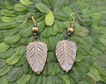 Golden Jungle Green Leaf Ceramic Dangle Earrings