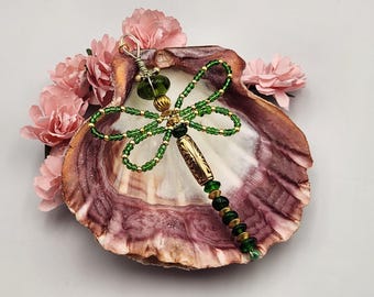 Forest Green Beaded  Dragonfly Ornament