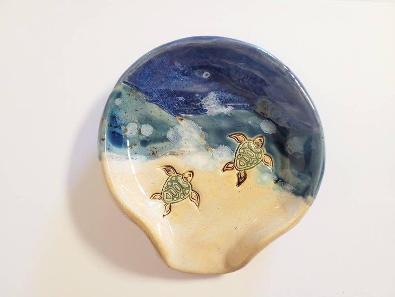 Large Blue Sea Turtle Nautical Ceramic Spoon Rest and Tea-Bag Holder. Ocean and Beach Themed Handmade Pottery and Home Decor.