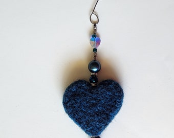 Dark Turquoise Blue Mustang Horse Lovers Window Charm With Needle Felted Wool Heart