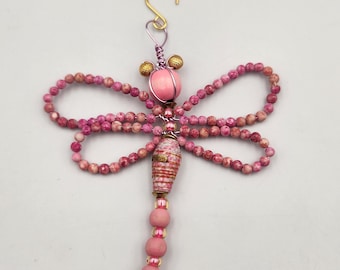 Pink Beaded  Dragonfly Ornament