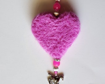 Bright Pink  Mustang Horse Lovers Window Charm With Needle Felted Wool Heart