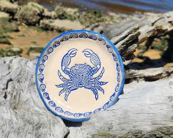 Blue Zentangle Crab  Salad Bowl Medium 6.5" Side Dish  Ceramic Dinnerware