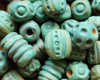 Green Copper Patina Textured  Beads 10 piece set
