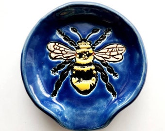 Cobalt Blue Ceramic Bee Spoon Rest and Tea-Bag Holder. Handmade Garden and Insect Pottery. Handcrafted Clay Dinnerware and Kitchen Decor.