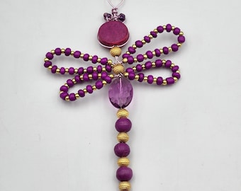 Purple Grape Beaded  Dragonfly Ornament