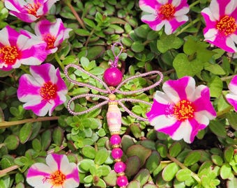 Pink Beaded  Dragonfly Ornament