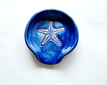 Cobalt Blue Starfish Spoon Rest and Tea-Bag Holder. Handmade Nautical Beachy Pottery. Handcrafted Clay Dinnerware and Kitchen Decor.