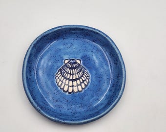 SPeckled Blue Scallop Shell Side Dish. Handmade Nautical Beachy Pottery. Handcrafted Clay Dinnerware and Kitchen Decor.