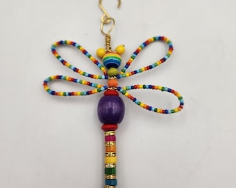 Rainbow Beaded  Dragonfly Ornament