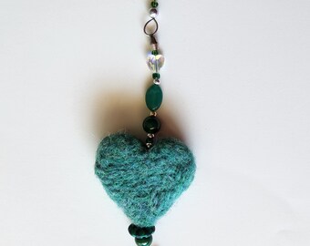 Jade Green  Mustang Horse Lovers Window Charm With Needle Felted Wool Heart