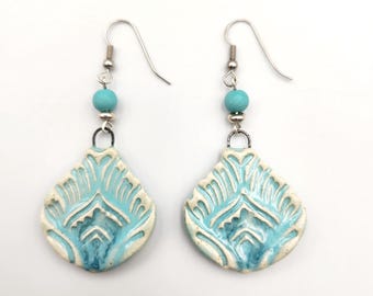 Aqua and Turquoise Peacock Ceramic Dangle Earrings