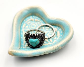 Single Aqua Blue Ceramic Heart Ring Dish Wedding Favor