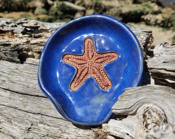 Cobalt Blue Starfish Spoon Rest and Tea-Bag Holder. Handmade Nautical Beachy Pottery. Handcrafted Clay Dinnerware and Kitchen Decor.