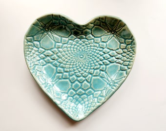 Turquoise Blue Lace Ceramic Handmade Clay Heart Plate