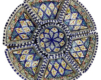 Plato de aperitivo decorado, plato de aperitivo de terracota marroquí tunecino de cerámica, decoración hecha a mano