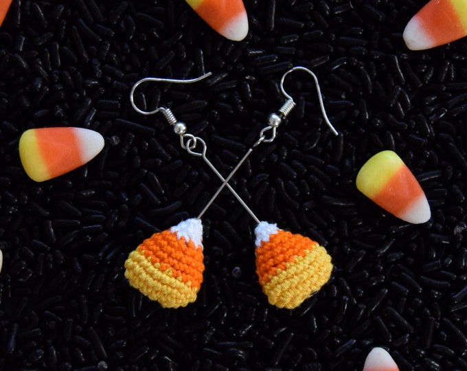 Candy Corn Dangle Drop Earrings - Handmade Crochet Jewelry - Halloween