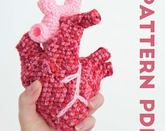 May include: A crocheted anatomical heart with pink and red yarn. The heart is being held in a hand. The text "PATTERN PDF" is in the background.