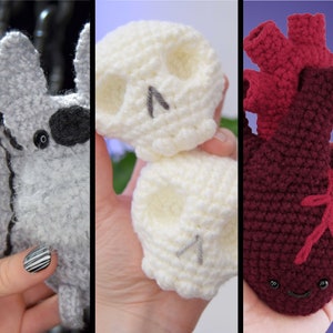 PDF Häkelanleitung - SpoOkies - Fledermaus, Schädel, Menschenherz Amigurumi Muster - 3 designs