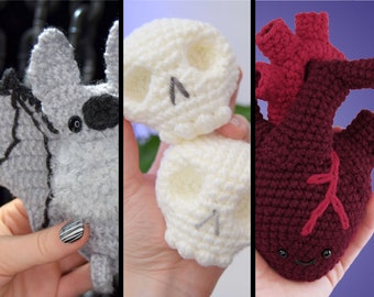 PDF Crochet PATTERN PACK - SpoOkies - Bat, Skulls, and Human Heart Amigurumi patterns - 3 designs
