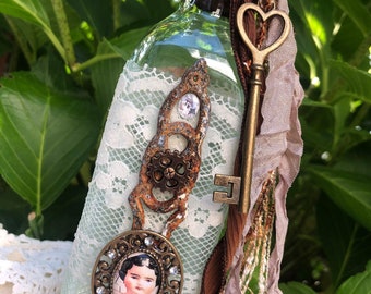 DREAM ALTERED ART GLaSS  BoTTLE collage therapy inspirational assemblage vintage girl metal filgree