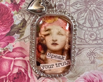 SPEAK YIUR TRUTH PeNDANT glass inspirational healing journey art therapy recovery chain survivor word phrase necklace