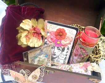 TREASURE BOX GIFT SeT  vintage inspirational keepsake treasure woman collage mixed media journal candle pendant purse