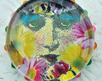 Art Glass Paperweight face floral collage altered mixed media