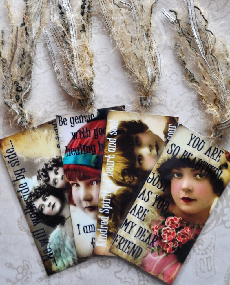 HEALING HOPE TAG Set A four vintage collage girls inspirational gift bookmark image 1