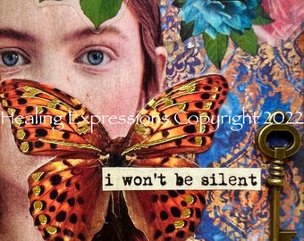 I WONT BE SiLENT altered healing art therapy woman recovery print collage card atc journal greeting card journal