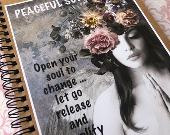 PEACEFUL SURRENDER JOURNAL altered art therapy collage vintage woman print inspirational embellished floral diary