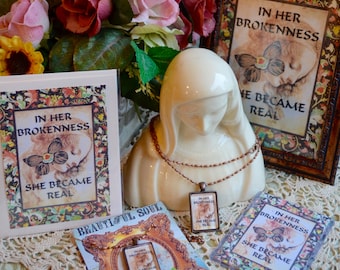 IN HER BROKENNESS GiFT SeT pendant vintage inspirational healing woman recovery greeting card atc 5x7 print collage