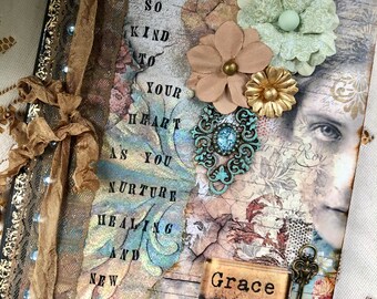 GRACE ORIGINAL ART JoURNAL altered art journaling therapy key collage vintage woman butterfly inspirational embellished diary