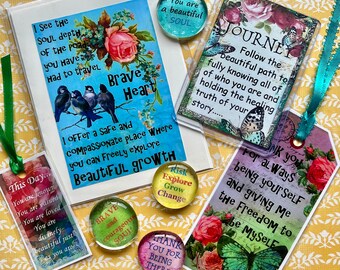 SOUL BLESSING SET BRaVE HEaRT JOURNeY floral inspirational greeting card soul stones tag gift set