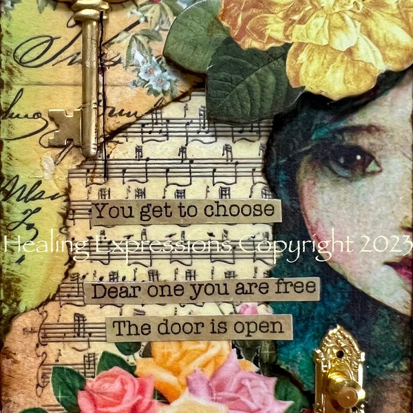 DOOR IS OPEN collage altered art therapy inspirational print collage trauma recovery atc journal greeting card journal print