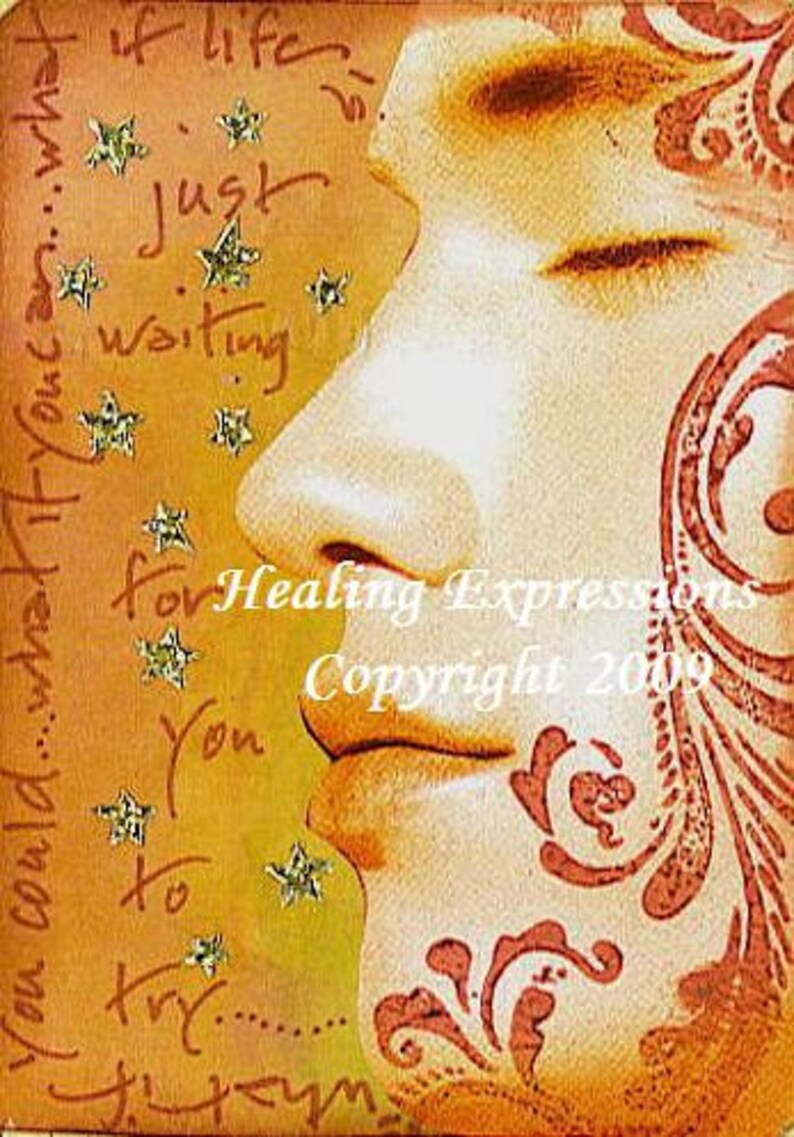 LIFE IS WAITING aceo atc print altered art card therapy recovery collage face peace image 1