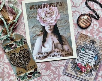 SOUL BLESSING SET CHERiSHED BReATHE SiLENCE floral inspirational greeting card pendant collage tag