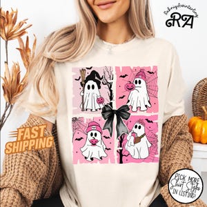 Cute Pink Ghost Shirt for Women, Pastel Halloween Tee, In October We Wear Pink Ghosts, Spooky Cute Nurse Witch Shirt, Gift For Halloween