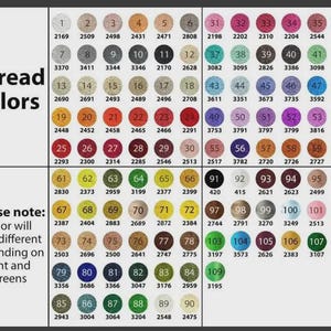 May include: A color chart for thread, featuring a grid of numbered color swatches. The chart includes a wide range of colors, from light neutrals to vibrant hues, with corresponding numerical codes for each shade. Text at the top reads "Thread colors."
