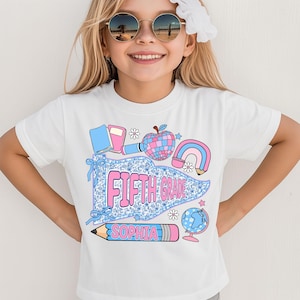 Custom Kids Name Back To School Fifth Grade T-Shirt, Personalized Preppy 5th Grade Shirt for Girls, Elementary First Day Of School Outfit