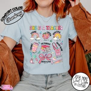 Comfort Colors® She Is A Teacher T-shirt, Teacher Mom Shirt, Christian Teacher Shirt, Teacher Floral Gift Shirt, Teacher Coquette Bow Shirt