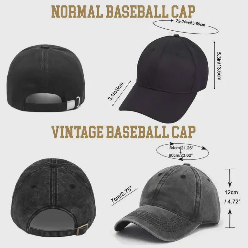 May include: Image showing two baseball cap styles: Normal and Vintage. The Normal cap is black, with dimensions of 22-24 inches (55-60cm) in circumference, 5.3 inches (13.5cm) high, and a 3.1-inch (8cm) brim. The Vintage cap is gray, with a 21.26-23.62 inch (54-60cm) circumference, 4.72 inches (12cm) high, and a 2.75-inch (7cm) brim.