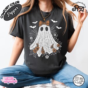 Halloween Lace Ghost T-Shirt Spooky Coquette T-Shirt Girly Ghost Orange Bow Shirt Lacey Ghost Tee  Spooky Season Top Outfit,Halloween Shirt