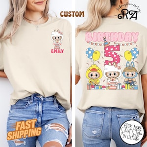 Personalisierte Labubu Geburtstag Shirt, süßes Labubu Geburtstag T-Shirt mit Name & Alter, Kawaii Party T-Shirt, Geschenk für Kinder - Mädchen