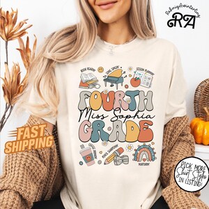 Custom 4th Grade Teacher T-Shirt,Personalized Back To School Tee,Hello Fourth Grade Retro Groovy Shirt, Teacher Gift for Women Gift For Kids