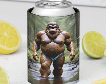 Funny Bigfoot in Speedo Can Cooler - Sexy Cryptid Drink Holder, Sasquatch Beverage Insulator, Unique Gift for Cryptid Lovers, Novelty Beer