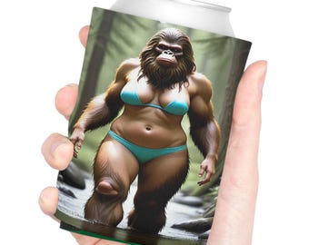 Funny Cryptid Can Cooler, Bigfoot Bikini Party Gift, Sexy Lady Sasquatch Beverage Holder, Novelty Camping Drink Sleeve, Hilarious Yeti