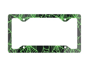 Green Spiderweb Metal License Plate Frame | Halloween Car Accessory