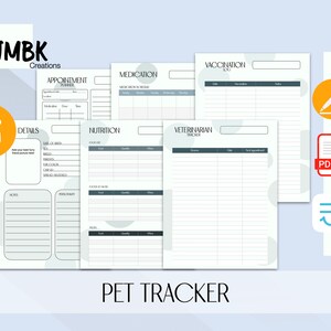 May include: Printable pet tracker planner with sections for details, appointments, medication, nutrition, and veterinarian tracker. The pages are white with grey and light blue accents. The text "PET TRACKER" is in large, bold letters at the bottom of the page.